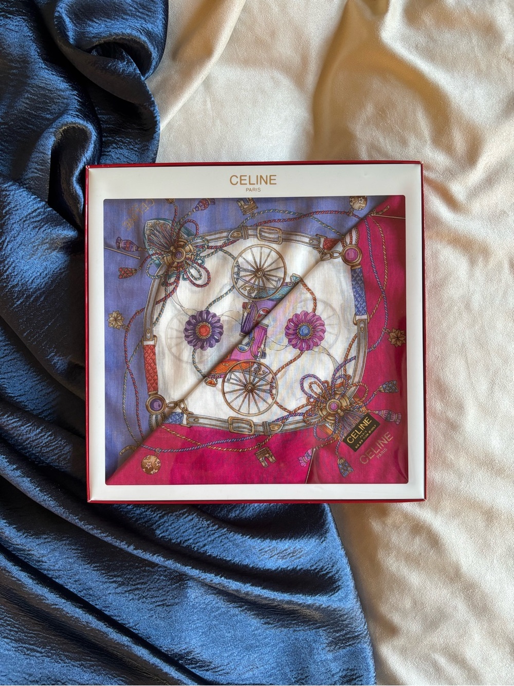 Celine Pink, Purple and White Silk handkerchief, 2 pieces set